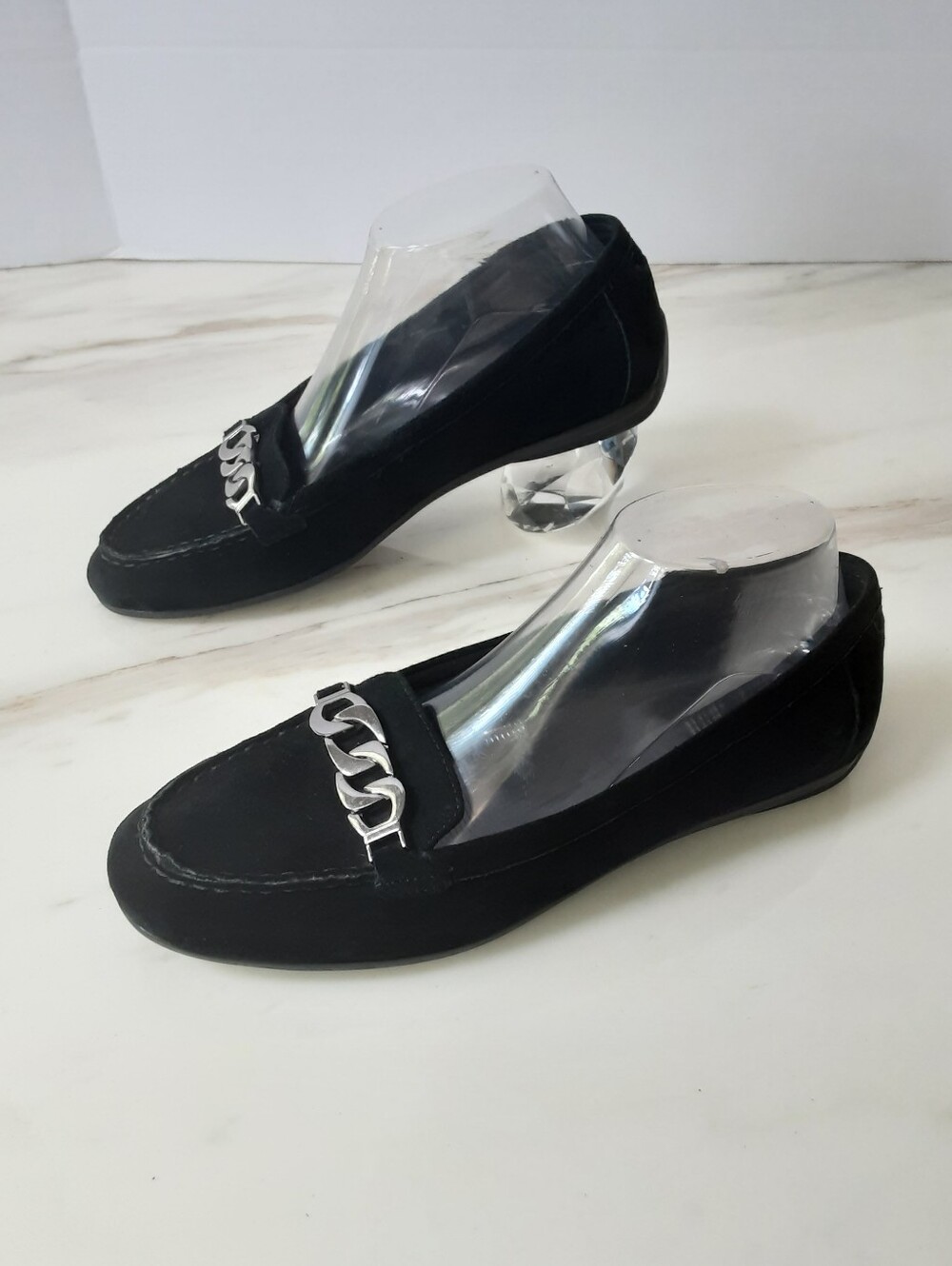 EASY SPIRIT Seantiria Black Suede Silver Chain Link Buckle Loafers Sz 9M